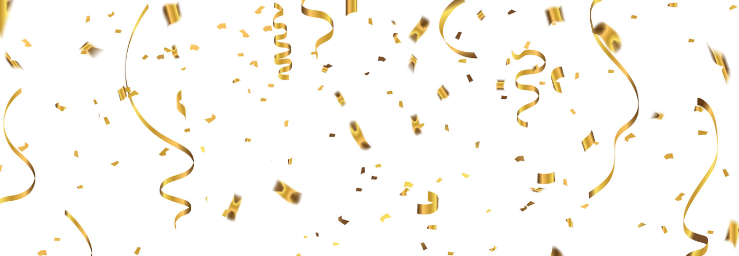 A white background with gold confetti and streamers.