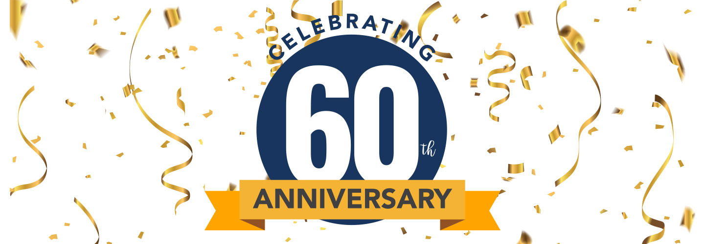 A blue and yellow celebrating 6 0 th anniversary logo.