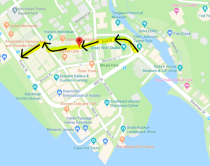 Map with highlighted route and landmarks.